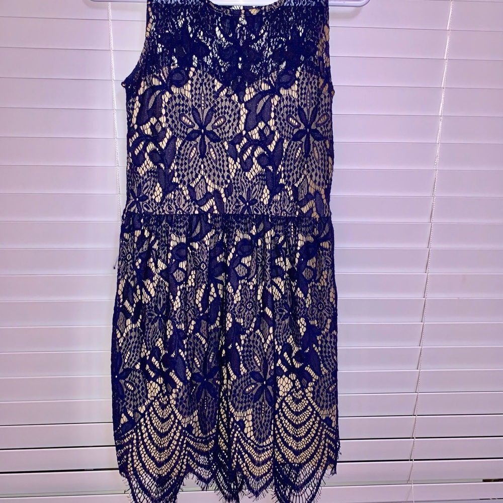 Feathered Navy and Nude Short Flowy Dress!
